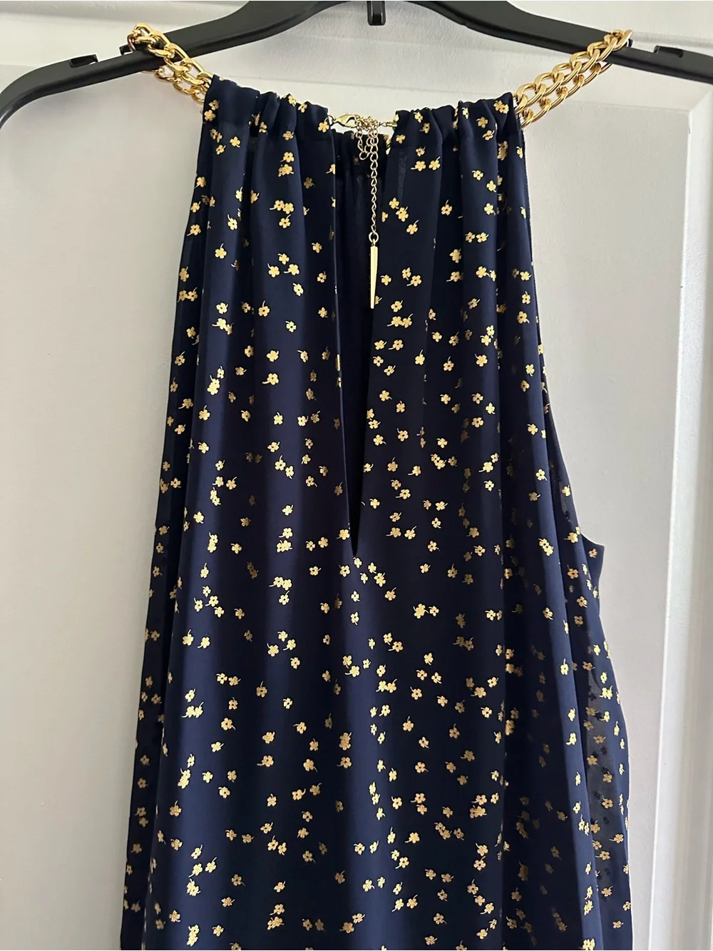 Michael Kors Chain Neck Metallic Print Trapeze Dress in True Navy and Gold Foil